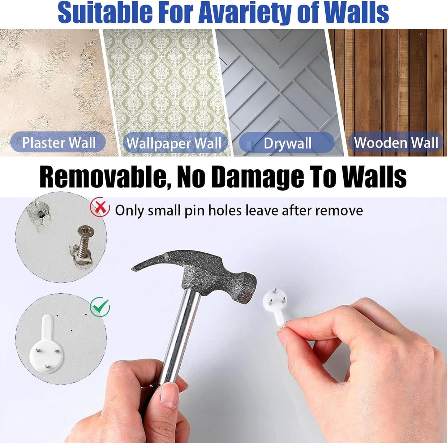 70PCS Non-Mark Hooks - Plastic Non-Trace Wall Picture Hooks - Photo Frame Traceless Hook Invisible Concrete Nail Hard Hardwall Hanger for Concrete Wall, Hardwall and Drywall