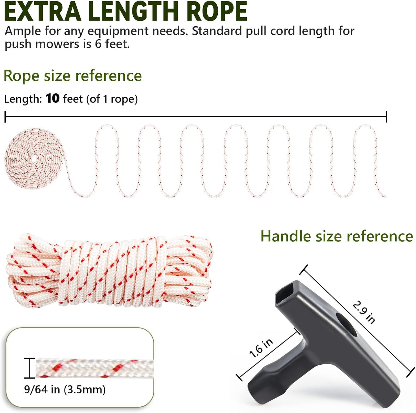 3 Pack, 10 ft x 9/64" (3.5mm) Pull Cord Rope with Handle, Premium Starter Rope with High Tensile Strength, Universal Pull Cord Replacement for Lawn Mower, Generator, Chainsaw, and Small Engine