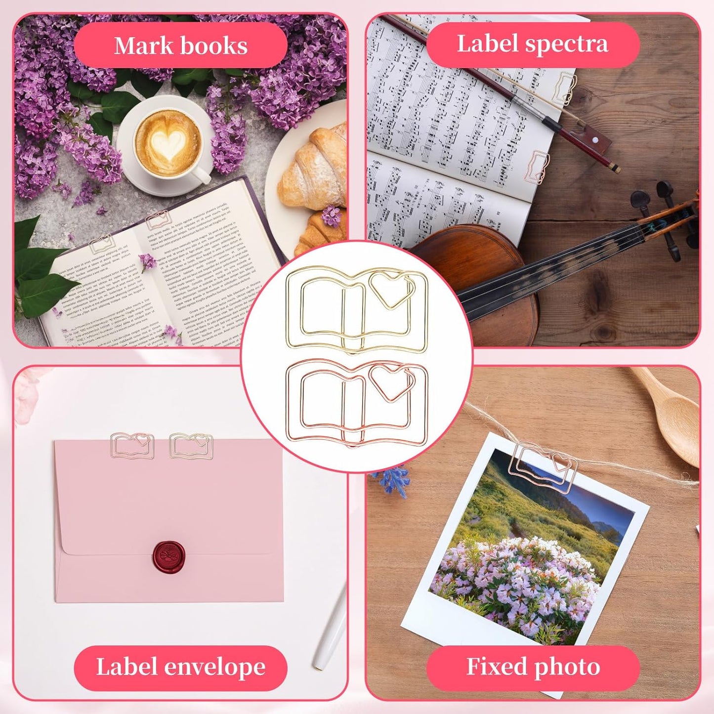 40-Pack Book-Shaped Paper Clips - Rose Gold & Gold Decorative Planner Clips Paperclips (1.18") for Office, School, Wedding, Journals - Cute Bookmark Clips for Gifts & Stationery Supplies