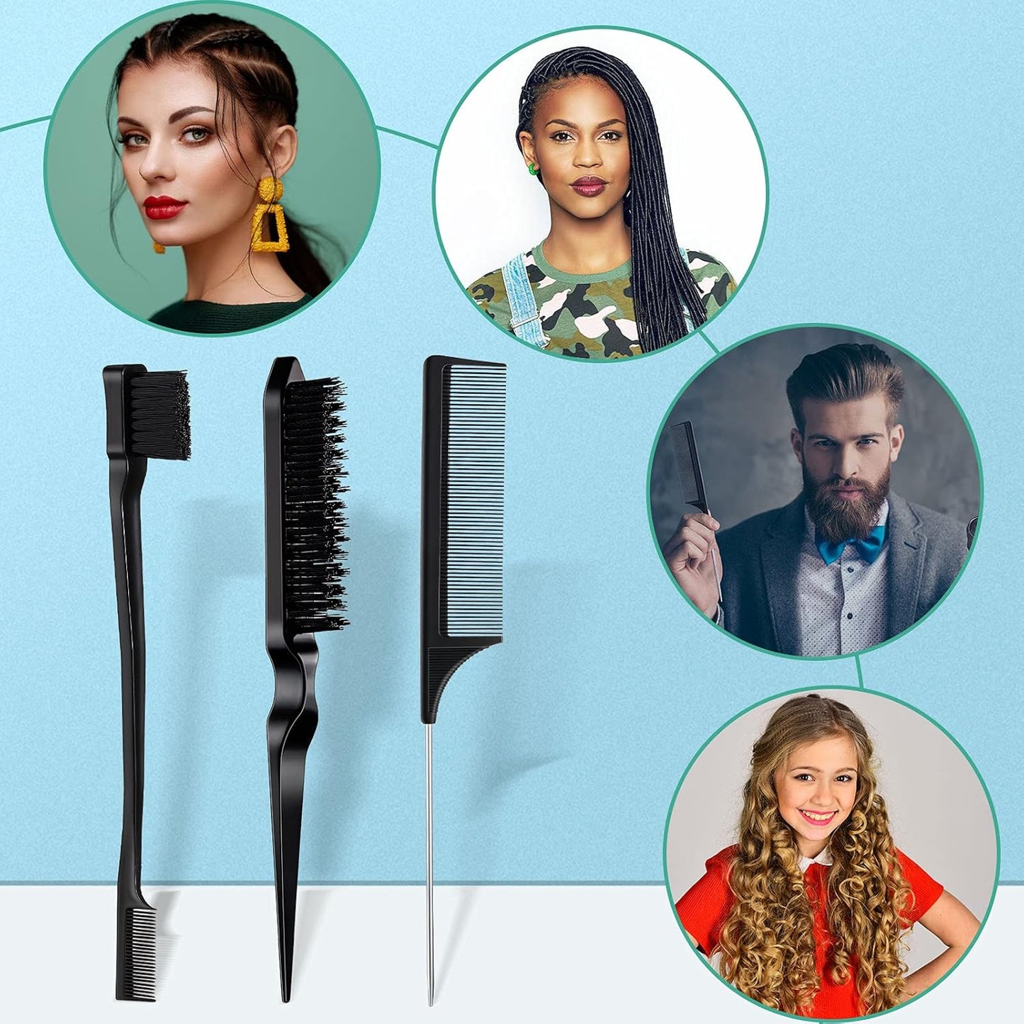 3 Pcs Slick Back Hair Brush Set Bristle Brush Edge Control Teasing Comb for Women Black Hair(Black)