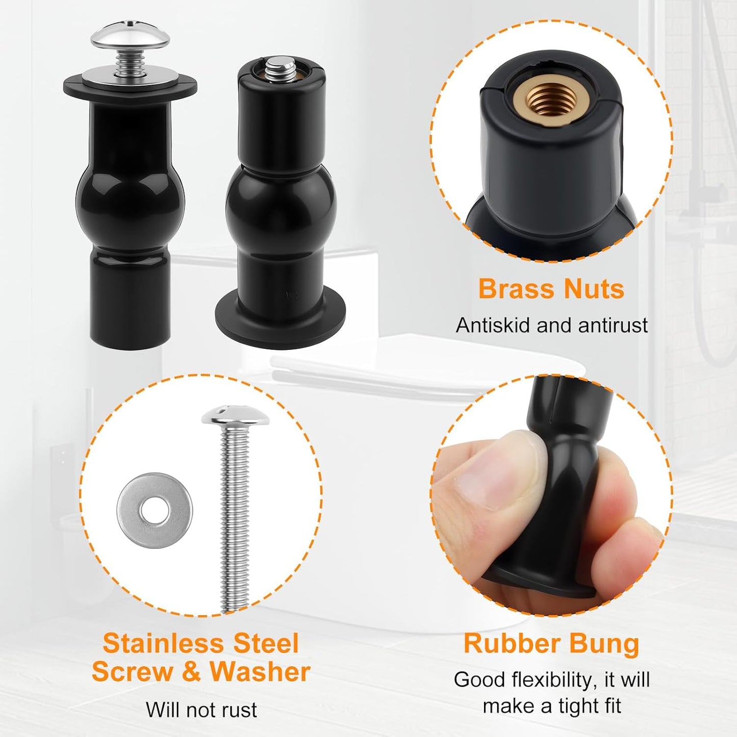 2 Pack Toilet Hinge Bolts, Universal Rubber Expansion Seat Cover Screws for Top Mounting Toilet Seat Hinges (for 14-16mm hole toilet seats)
