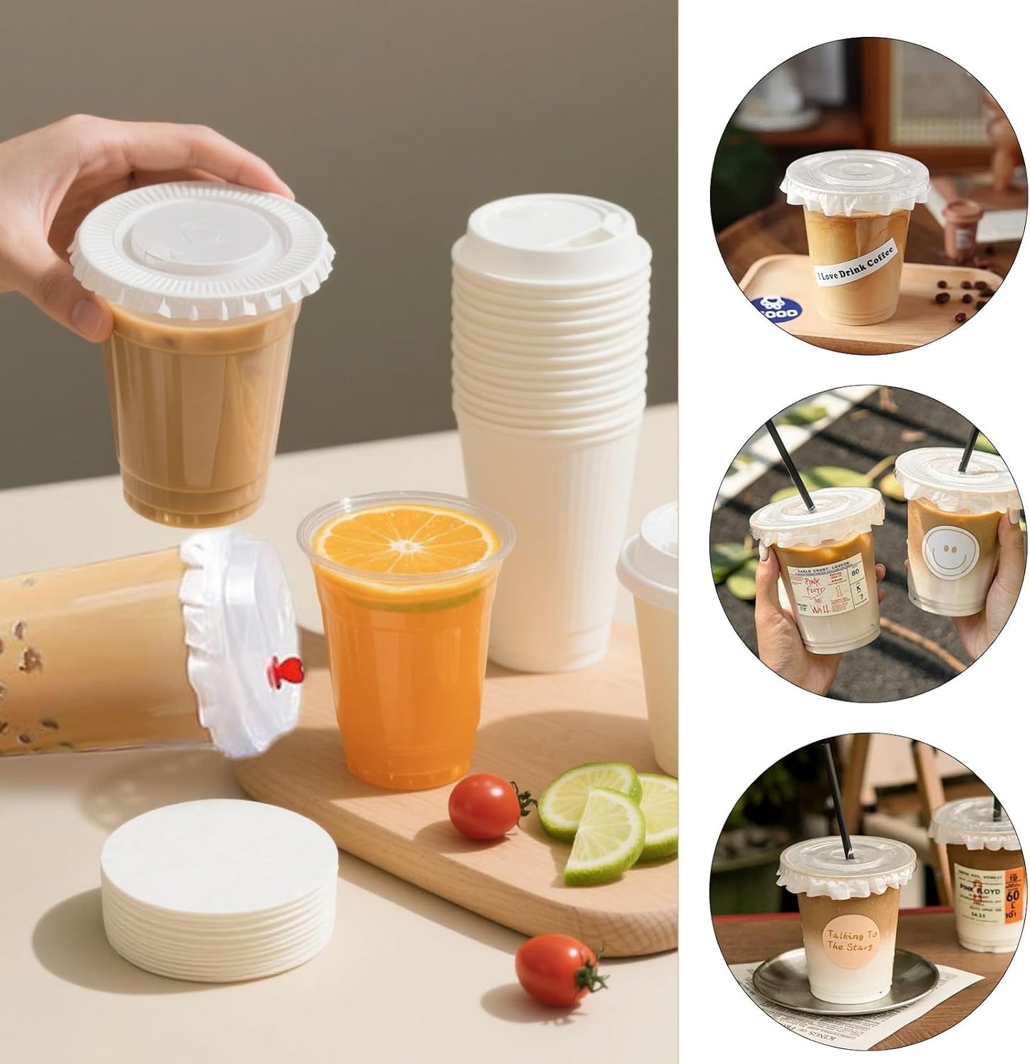 200-Pack 4.5 Inch Leak-Proof Cup Lid Liners – White Round Sealing Pads Lid Covers for Plastic Drink Cups, Milk Tea, Coffee, Bubble Tea Water Bottles – Spill-Proof Film Pads for Beverage Containers