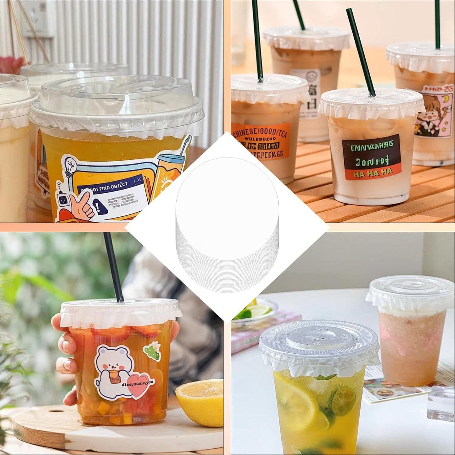 200-Pack 4.5 Inch Leak-Proof Cup Lid Liners – White Round Sealing Pads Lid Covers for Plastic Drink Cups, Milk Tea, Coffee, Bubble Tea Water Bottles – Spill-Proof Film Pads for Beverage Containers