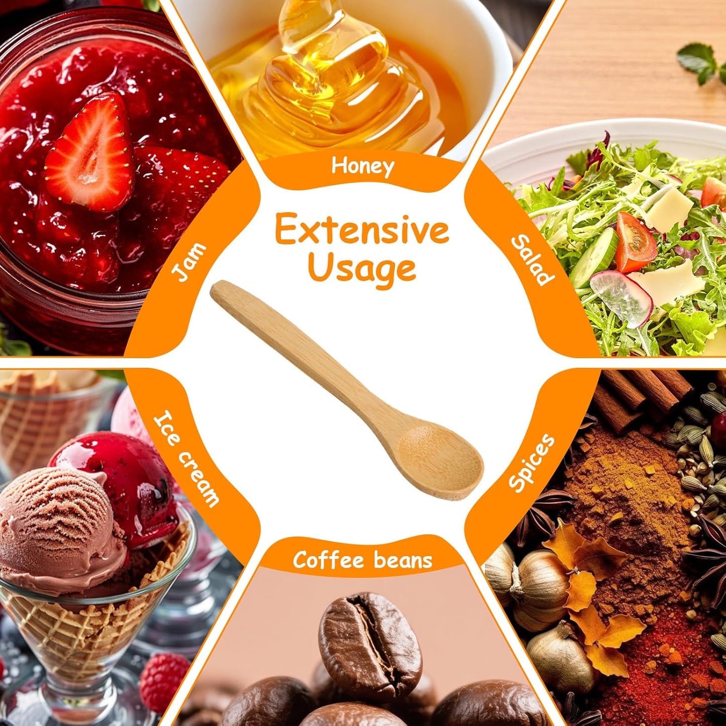 6PCS Bamboo Spoons, Mini Wooden Spoons 5.12 Inch, Multi-purpose Small Teaspoons for Condiments Spices Honey Ice Cream Coffee Kitchen & Serving Utensils