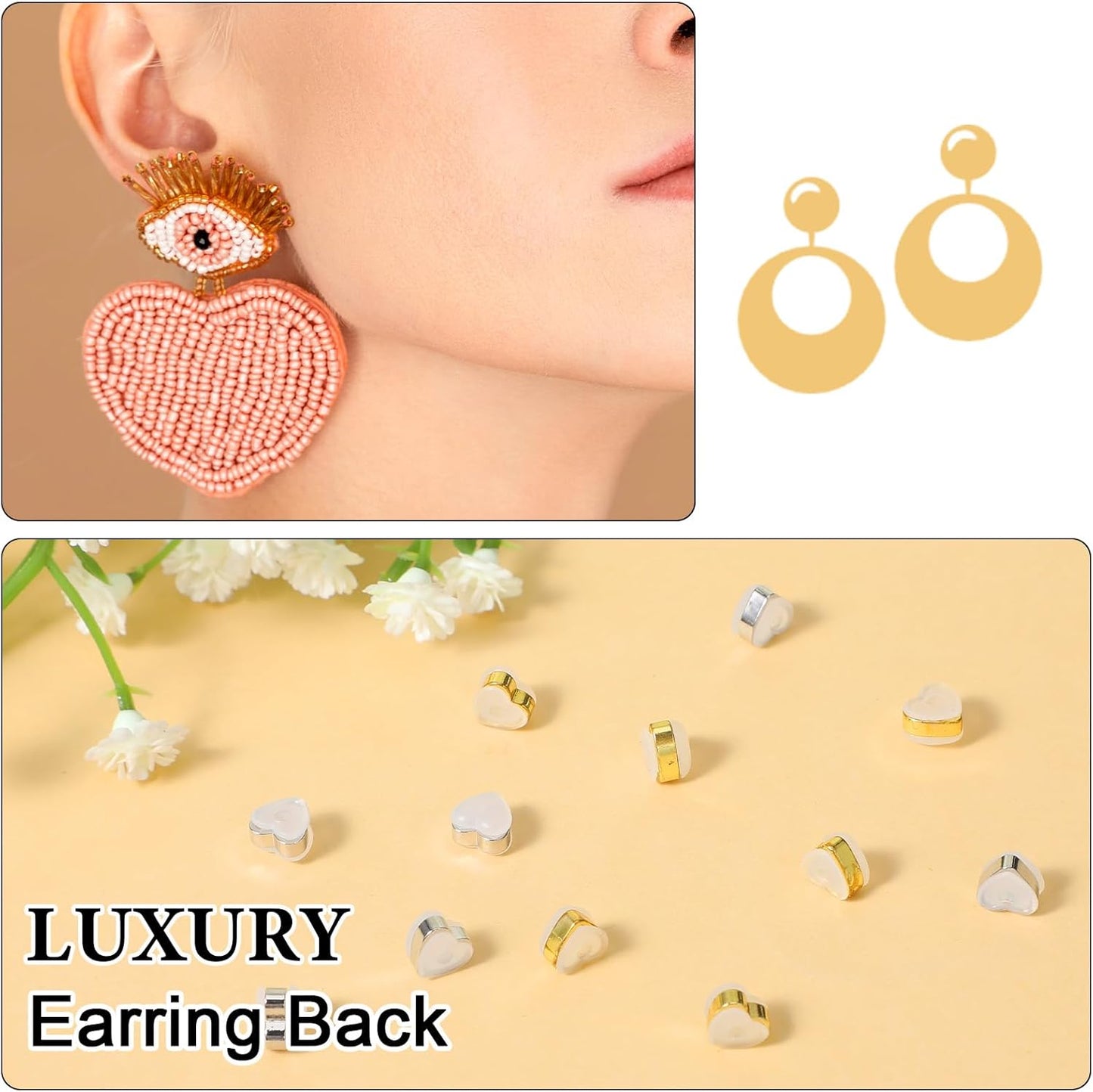 12 Pcs Silicone Flat Earring Backs for Studs, Clear Comfort Design, Earring Backs Replacements for Heavy Earrings Heart Shape