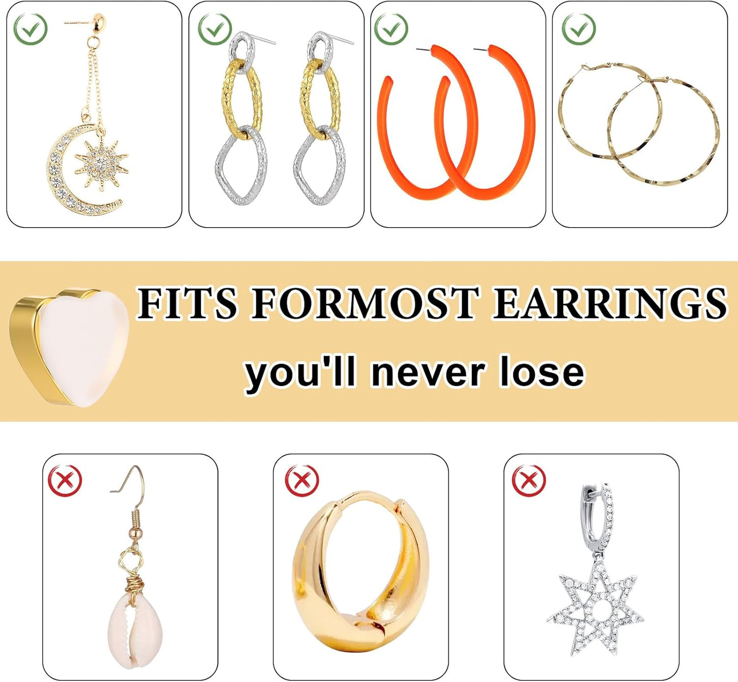 12 Pcs Silicone Flat Earring Backs for Studs, Clear Comfort Design, Earring Backs Replacements for Heavy Earrings Heart Shape