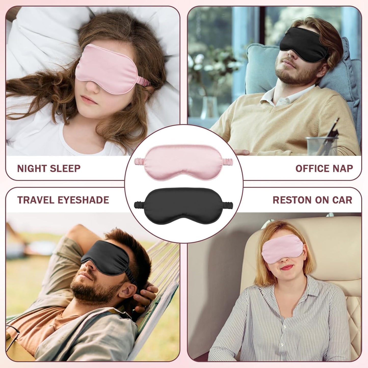 Silk Sleep Mask Set of 2, Adjustable Silk Eye Mask for Sleeping, Soft Sleeping Eye Shade Cover for Women, Good for Blocking Light, Reducing Puffiness, Enhancing Sleep Quality (Pink & Black)