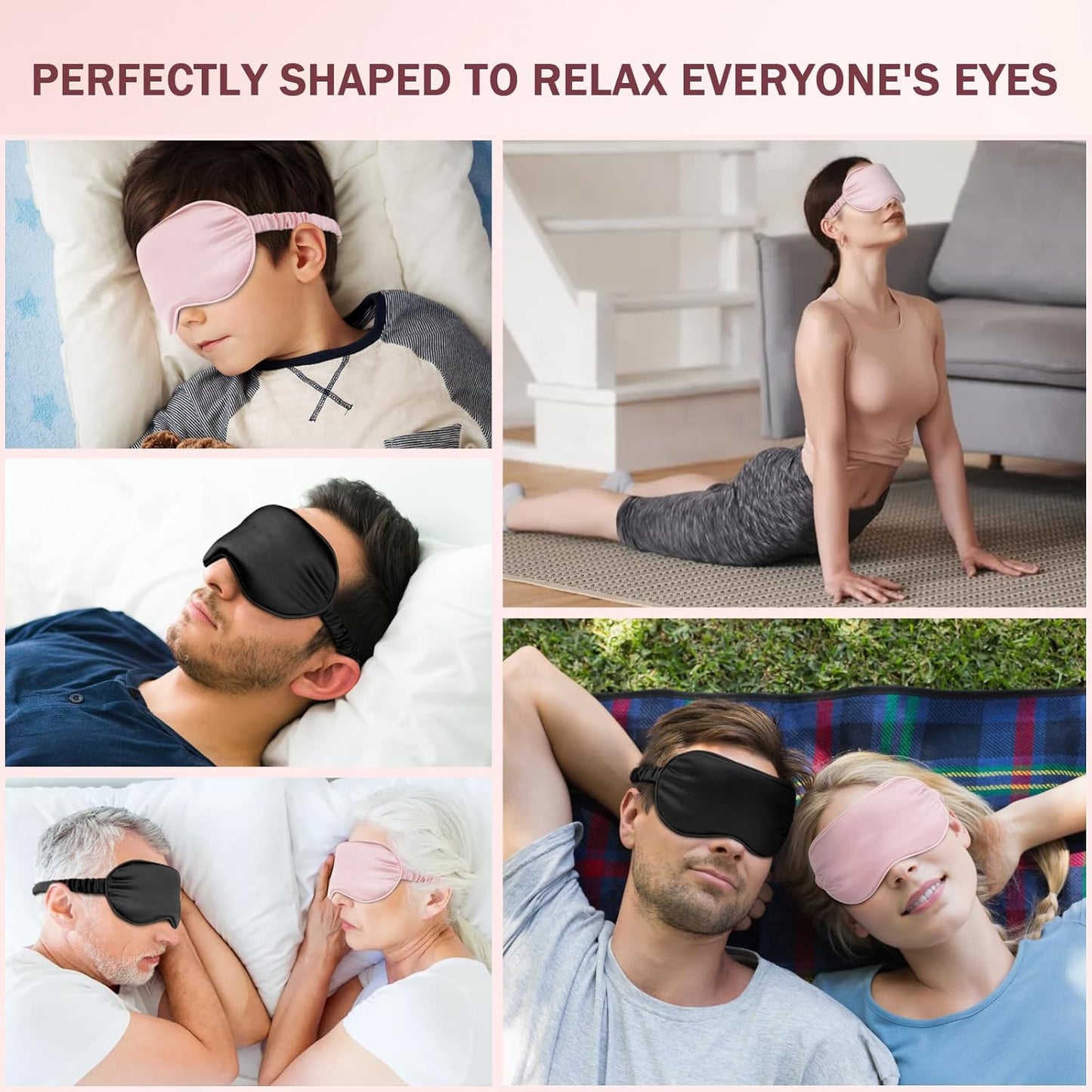 Silk Sleep Mask Set of 2, Adjustable Silk Eye Mask for Sleeping, Soft Sleeping Eye Shade Cover for Women, Good for Blocking Light, Reducing Puffiness, Enhancing Sleep Quality (Pink & Black)