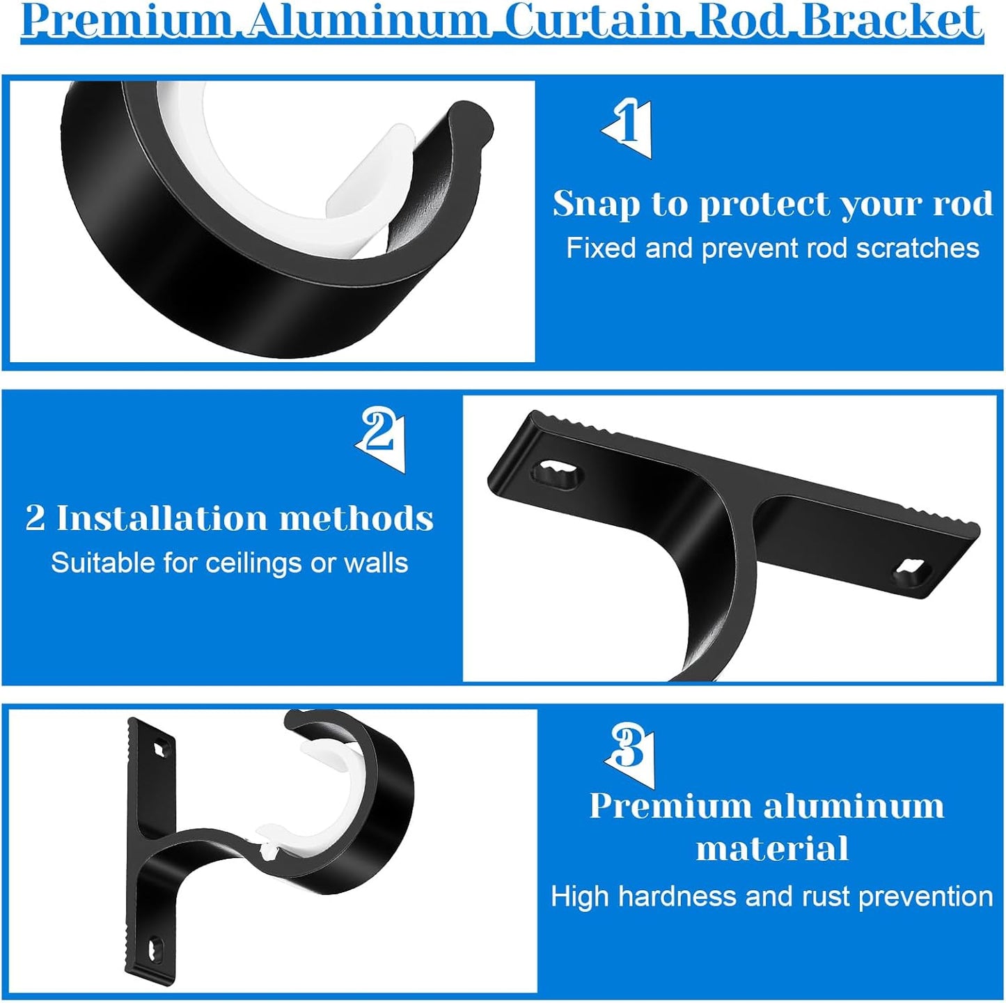 2 Sets Ceiling Curtain Rod Brackets for 1 Inch Rod, Curtain Rod Brackets Holders for Wall & Ceiling Mount Installation (Black)