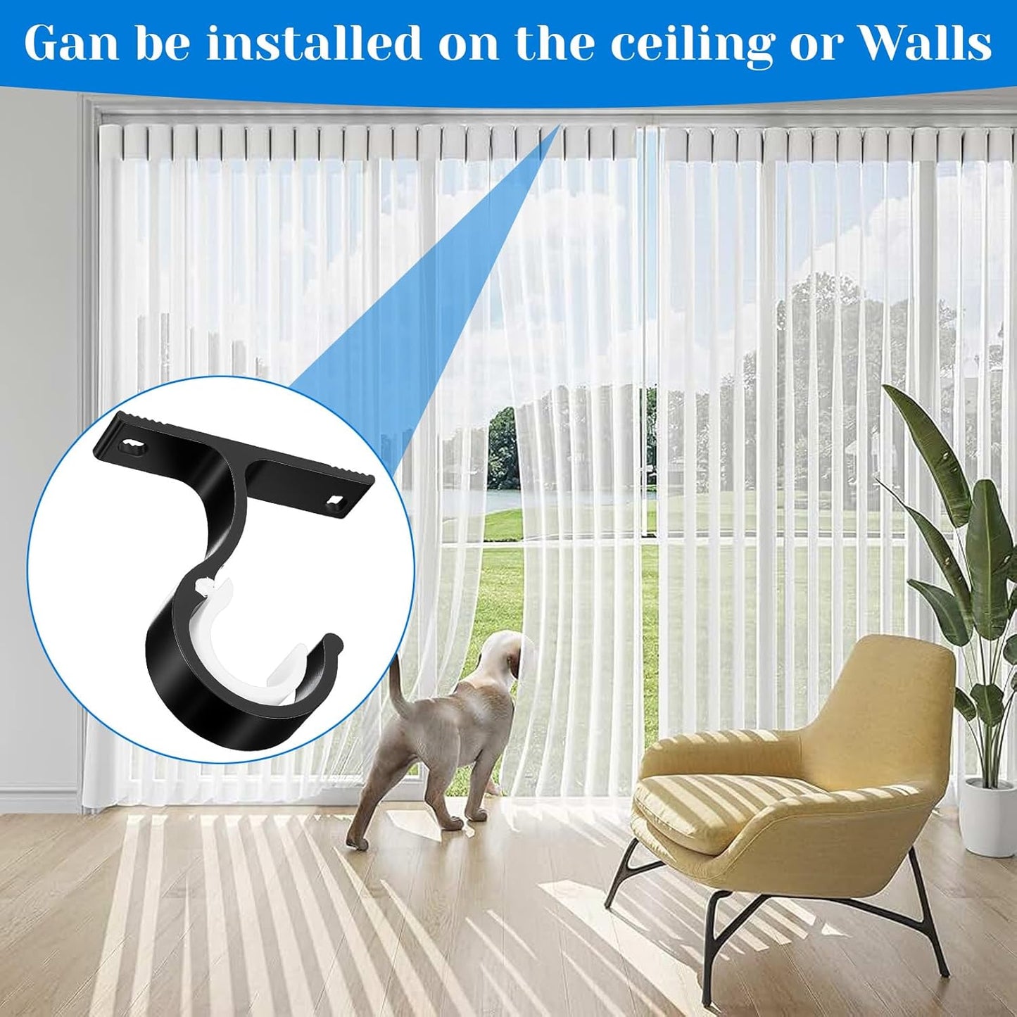 2 Sets Ceiling Curtain Rod Brackets for 1 Inch Rod, Curtain Rod Brackets Holders for Wall & Ceiling Mount Installation (Black)