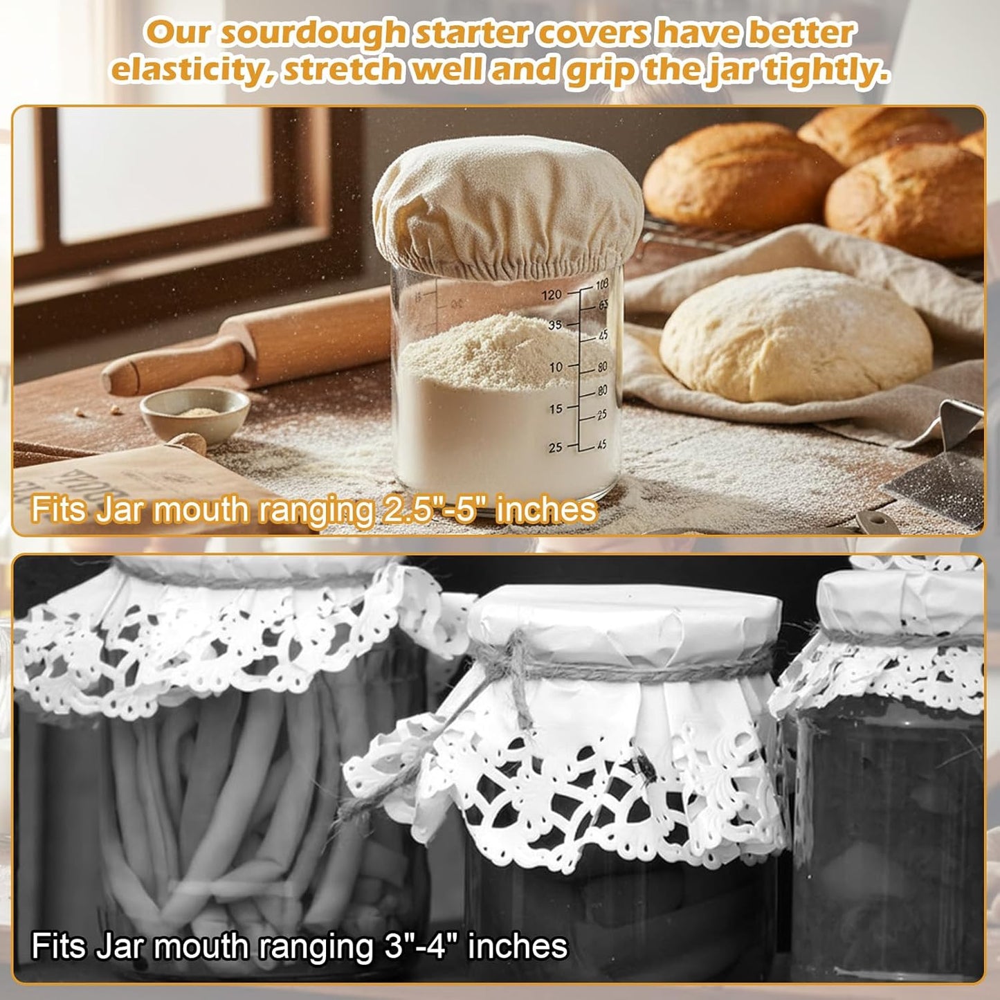 Shimmeroo 5PCS Cotton Sourdough Jar Cover, Reusable Sourdough Bread Proofing Starter Jar Cloth Covers for Most Glass Sour Dough Crock Bread Proofing Cover