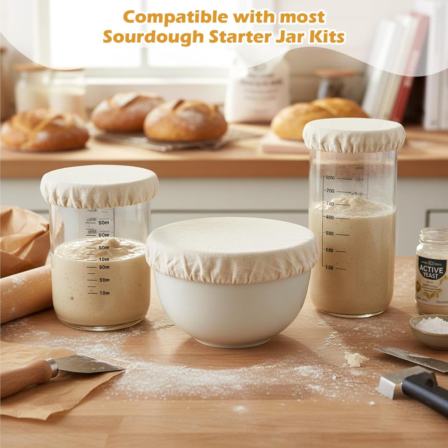 Shimmeroo 5PCS Cotton Sourdough Jar Cover, Reusable Sourdough Bread Proofing Starter Jar Cloth Covers for Most Glass Sour Dough Crock Bread Proofing Cover