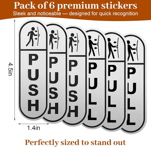 6PCS Push Pull Door Stickers - Shimmeroo Durable Waterproof Strong Adhesive Pull Push Door Sign Stickers for Home Office Business Doors Gloss Wipeable