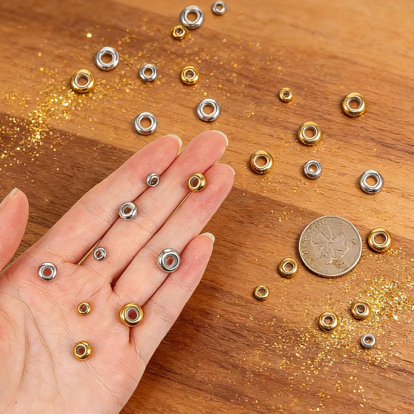 36Pcs Stopper Beads for Bracelets,Spacer Beads with Rubber Gold Silver Slider Bead Adjustable Charm Stoppers for Bracelets Locating Rings for DIY Jewelry Making,6/8/10mm