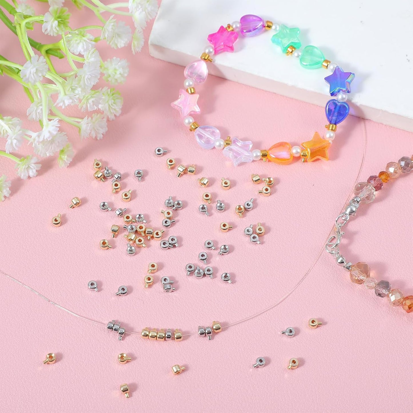 80Pcs Round Crimp Bead Covers,Gold and Silver Crimping Beads,Crimps Beads for Jewelry Making DIY Bracelet,Necklace Ends