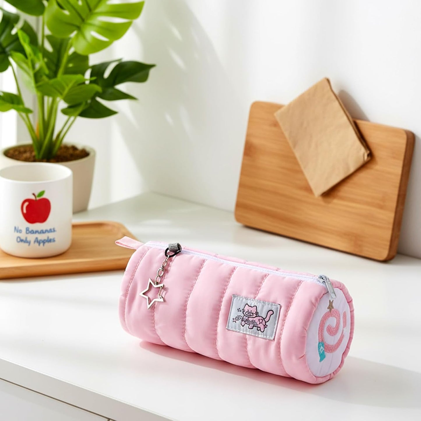 Pink Kawaii Pencil Case, Cream Roll Cartoon Large Capacity Cute Pencil Bag with Zipper, Cat Makeup Organizer Storage Box Office Stationery Nice Gift Stocking Stuffers