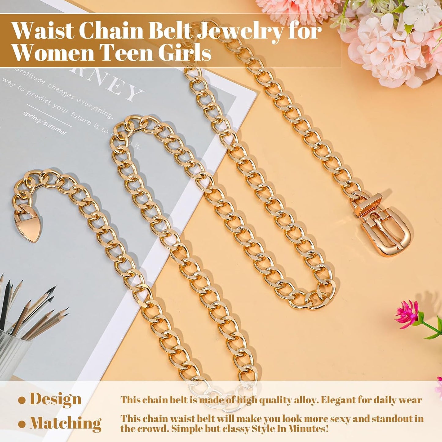 Gold Chain Belts for Women,Adjustable Gold Metal Belts for Women Trendy Waist Chain Belt for Dress & Jeans