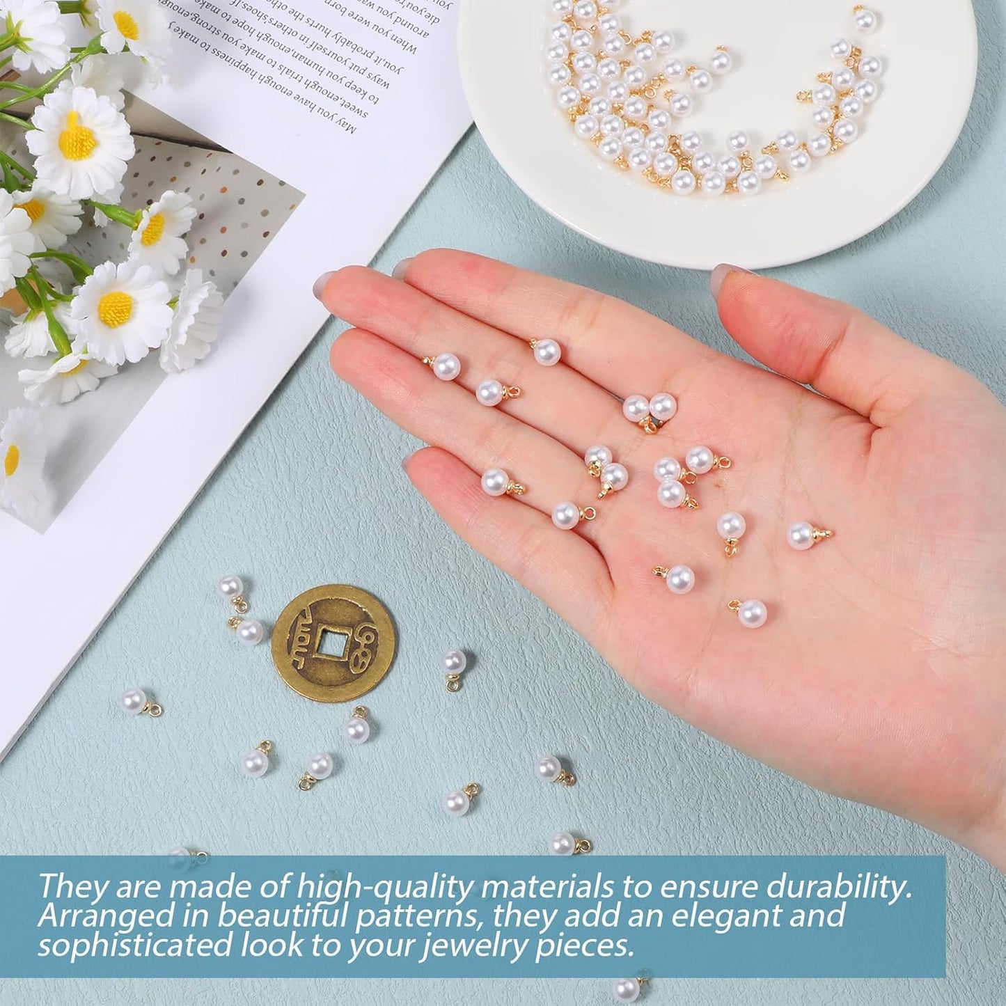 Vin Beauty Pearl Charms, 100 Pcs Pearl Charms for Jewelry Making, Pearls Beads Faux Pearls Pendant Charm DIY for Jewelry Making Bracelets Earrings Necklace Crafts