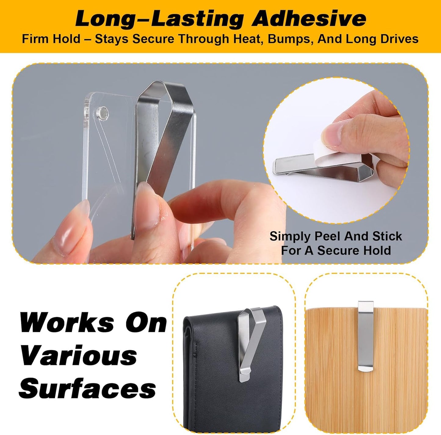 4 Pack Car Sun Visor Photo Clips, Stainless Steel Sun Visor Clips for Car with Adhesive Clip Mounting Kit for Custom Displays (Photo Frames Not Included), Strong Hold Accessory for Cars, Home & Office