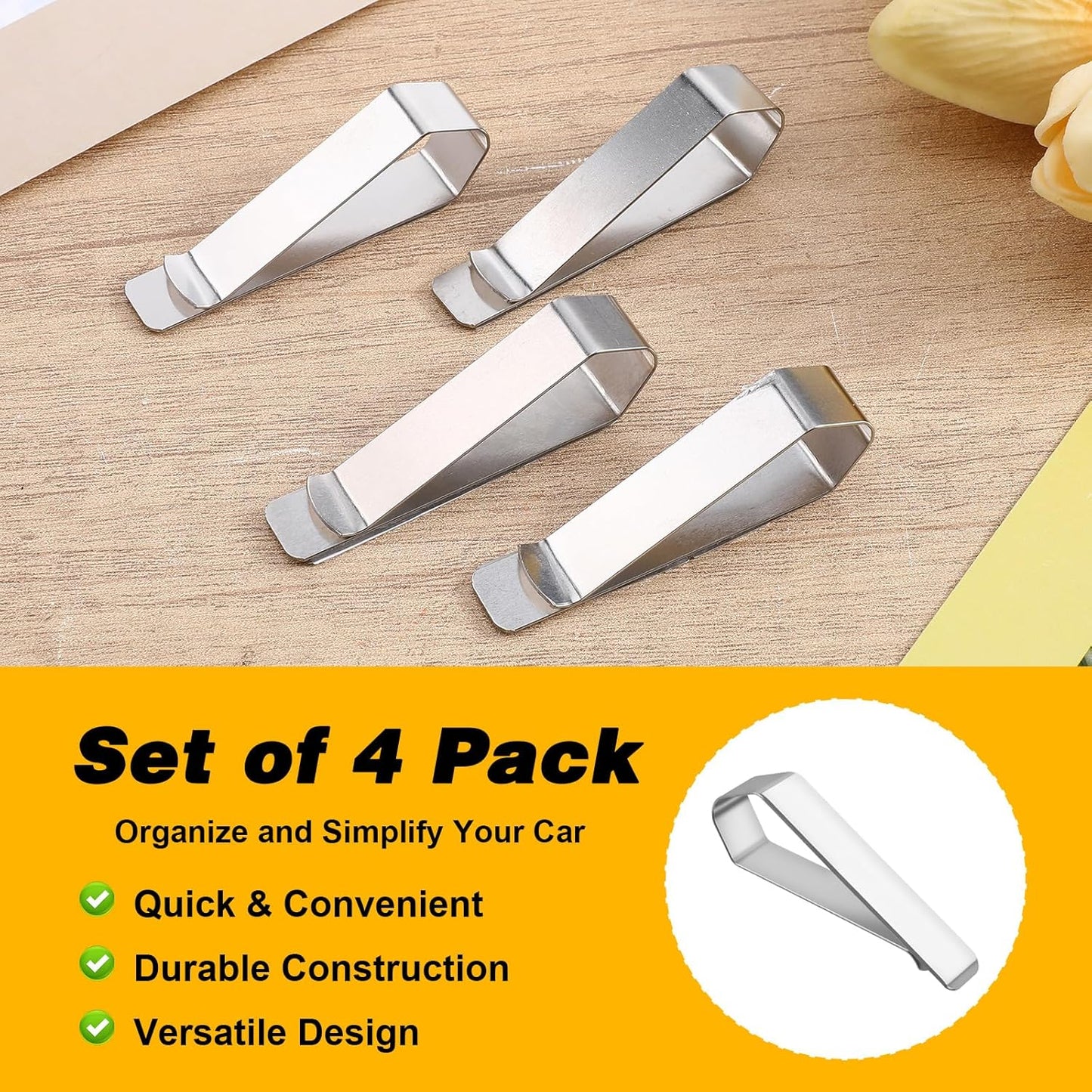 4 Pack Car Sun Visor Photo Clips, Stainless Steel Sun Visor Clips for Car with Adhesive Clip Mounting Kit for Custom Displays (Photo Frames Not Included), Strong Hold Accessory for Cars, Home & Office