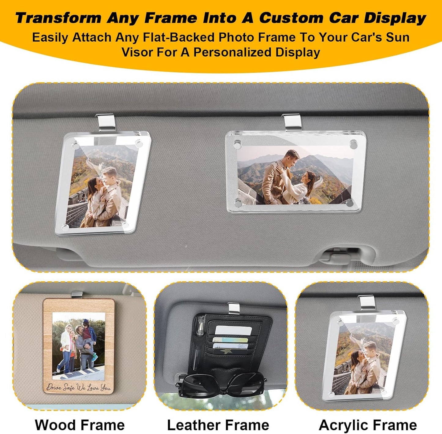 4 Pack Car Sun Visor Photo Clips, Stainless Steel Sun Visor Clips for Car with Adhesive Clip Mounting Kit for Custom Displays (Photo Frames Not Included), Strong Hold Accessory for Cars, Home & Office