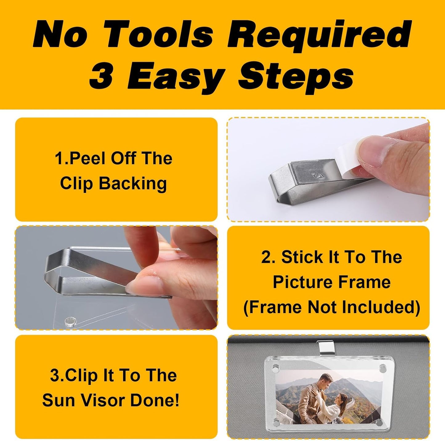 4 Pack Car Sun Visor Photo Clips, Stainless Steel Sun Visor Clips for Car with Adhesive Clip Mounting Kit for Custom Displays (Photo Frames Not Included), Strong Hold Accessory for Cars, Home & Office
