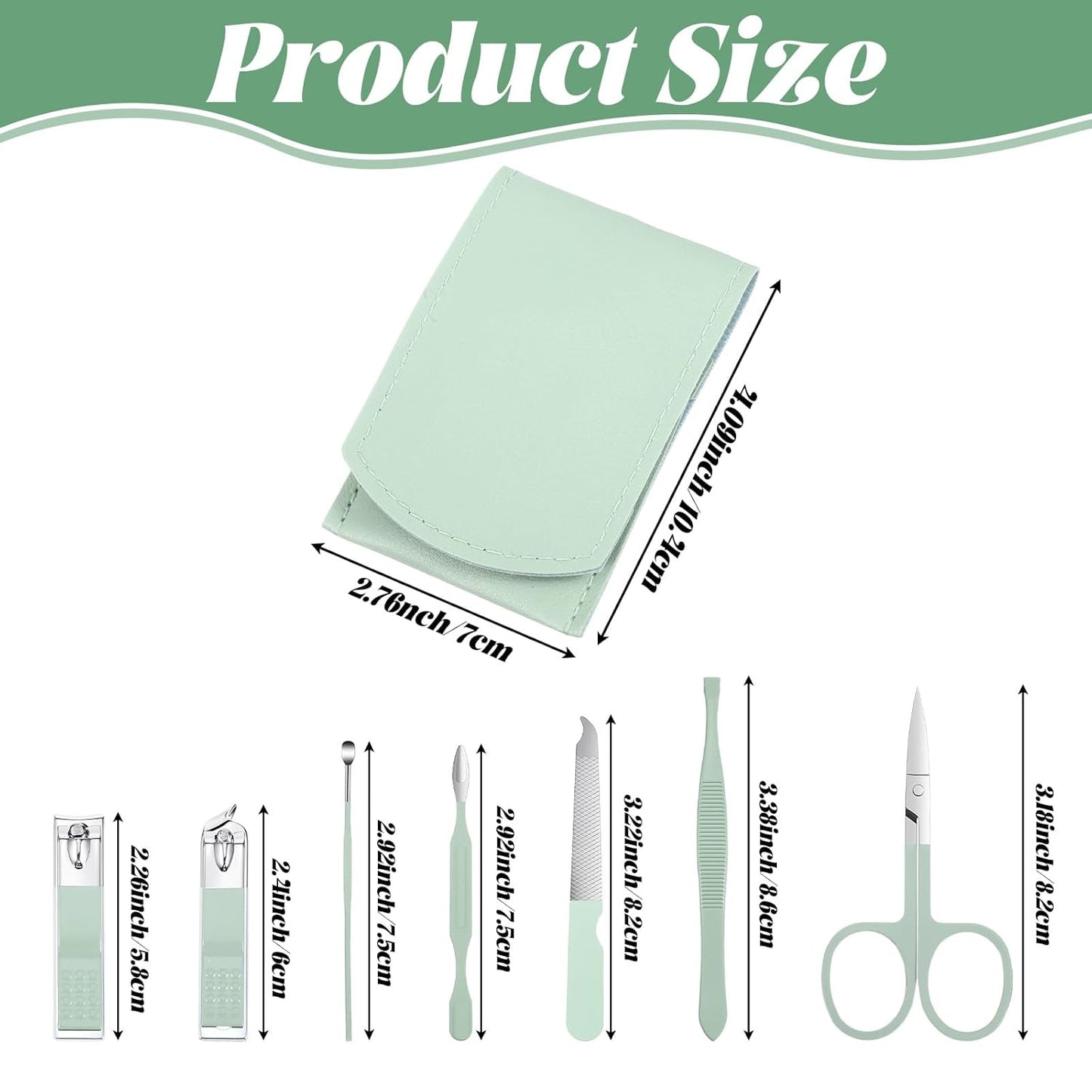 7Pcs Nail Cleaning Kit Professional Travel Nail Clippers with Green Leather Bag, Stainless Steel Manicure Kitcare Tools Grooming for Women Men