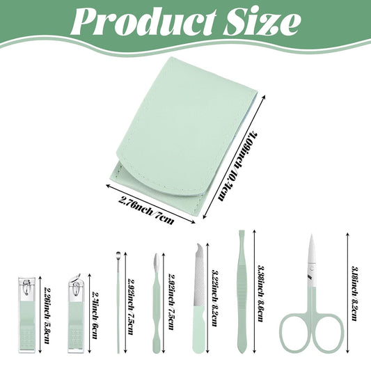 7Pcs Nail Cleaning Kit Professional Travel Nail Clippers with Green Leather Bag, Stainless Steel Manicure Kitcare Tools Grooming for Women Men