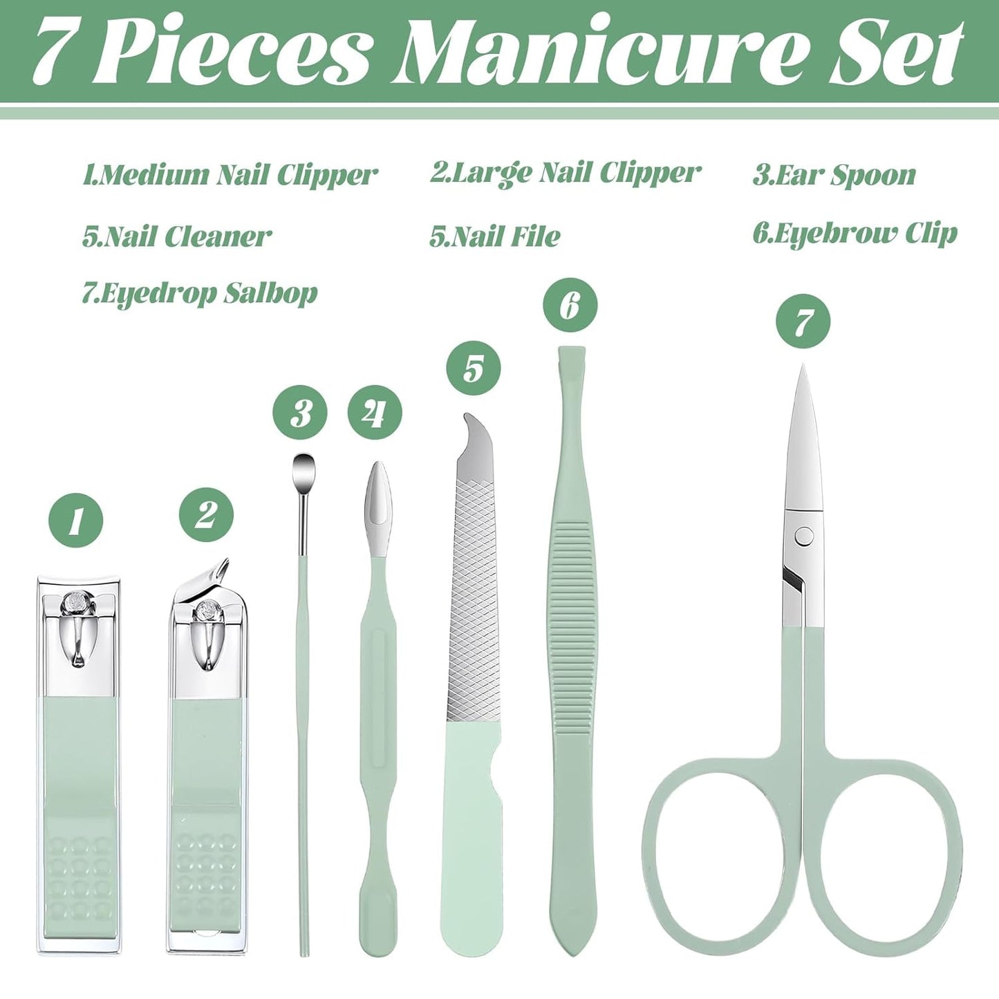 7Pcs Nail Cleaning Kit Professional Travel Nail Clippers with Green Leather Bag, Stainless Steel Manicure Kitcare Tools Grooming for Women Men