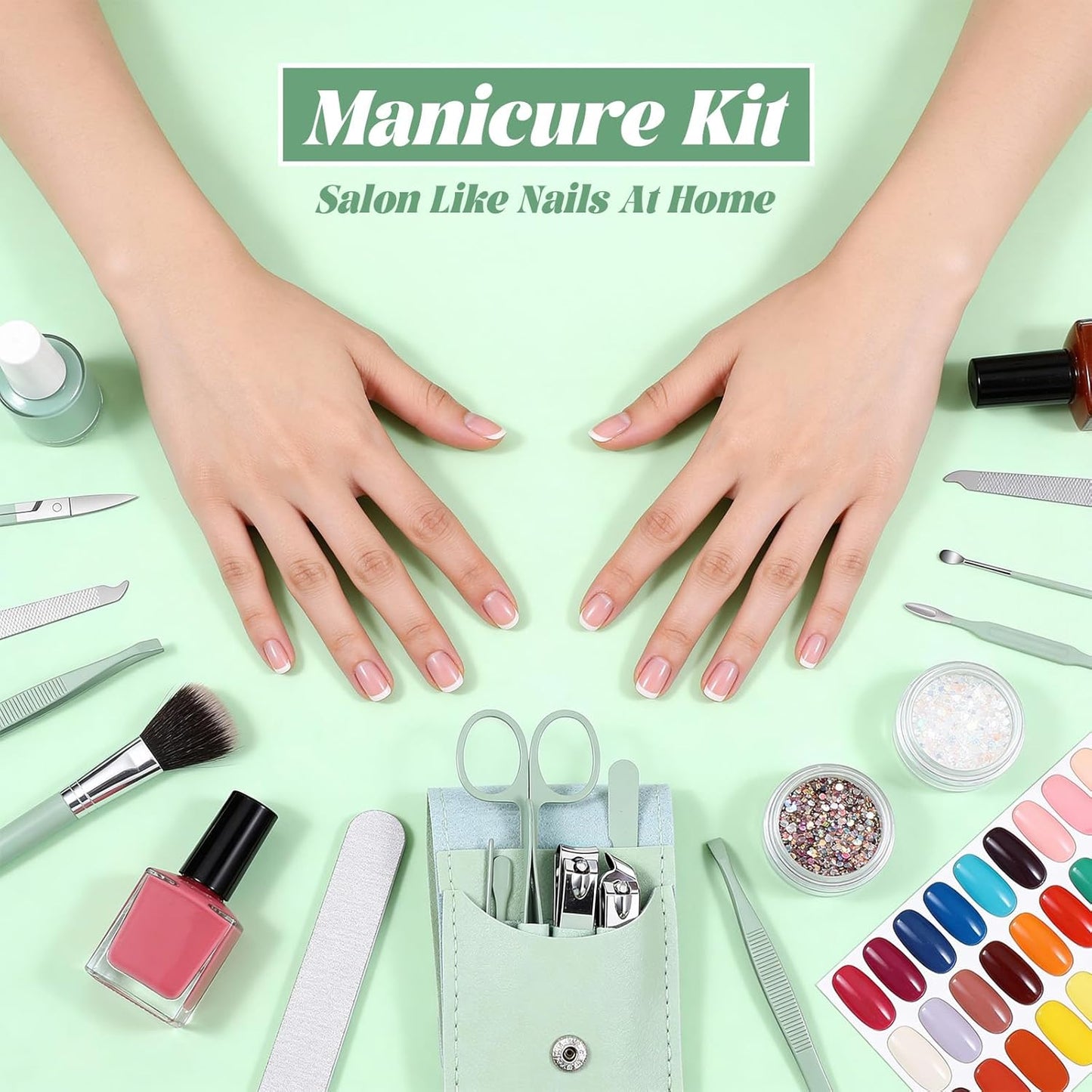 7Pcs Nail Cleaning Kit Professional Travel Nail Clippers with Green Leather Bag, Stainless Steel Manicure Kitcare Tools Grooming for Women Men