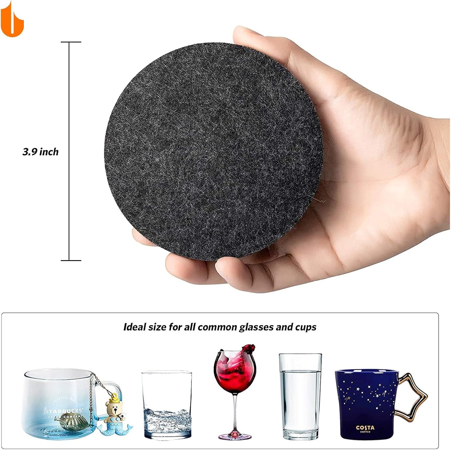 4 PCS Coasters, Eco-Friendly 100% Biodegradable Absorbent Felt Coasters for Drinks Bar Home, 4 Inch (Black Round)
