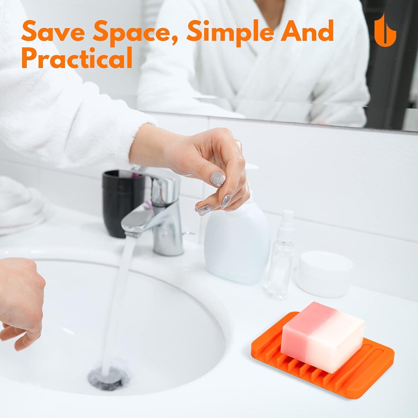 Soap Dish Shower Waterfall Soap Tray Holder for Bathroom, Kitchen, Counter Top, Flexible Silicone, Keep Soap Bars Dry, Easy Cleaning - Orange