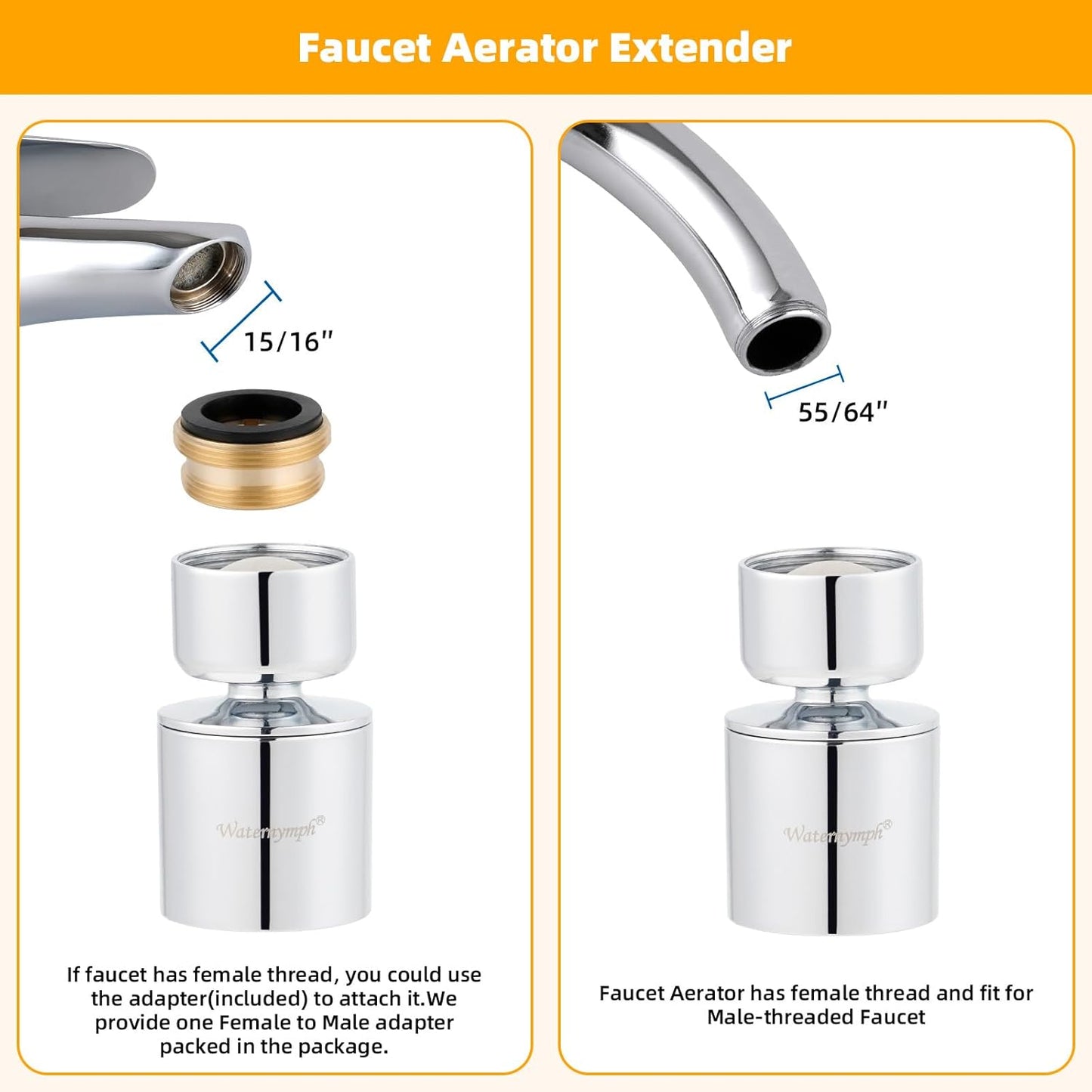 Dual-function 2-Flow Faucet Aerator, Water Saving Swivel Aerator with 2 Sprayer - Faucet Parts Replacement - 55/64 Inch-27UNS Female Thread - Chrome