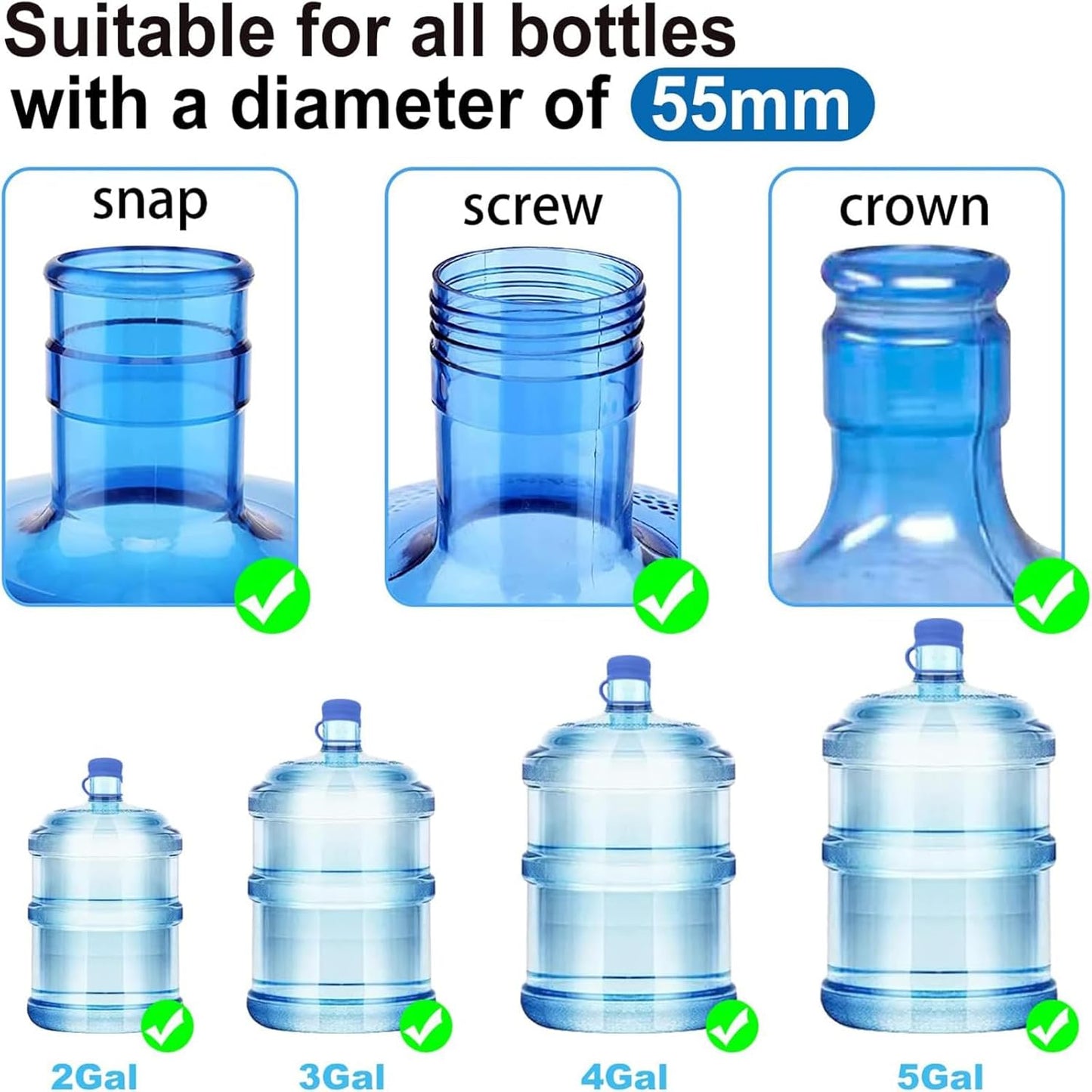 3 & 5 Gallon Water Jug Cap Reusable, Food Grade Silicone Replacement Gallon Caps for 55mm Standard/Screw/Crown Tops Water Bottle and Water Dispensers, Non-Spill Lids for Anti-Splash, Leak Free (3PCS)