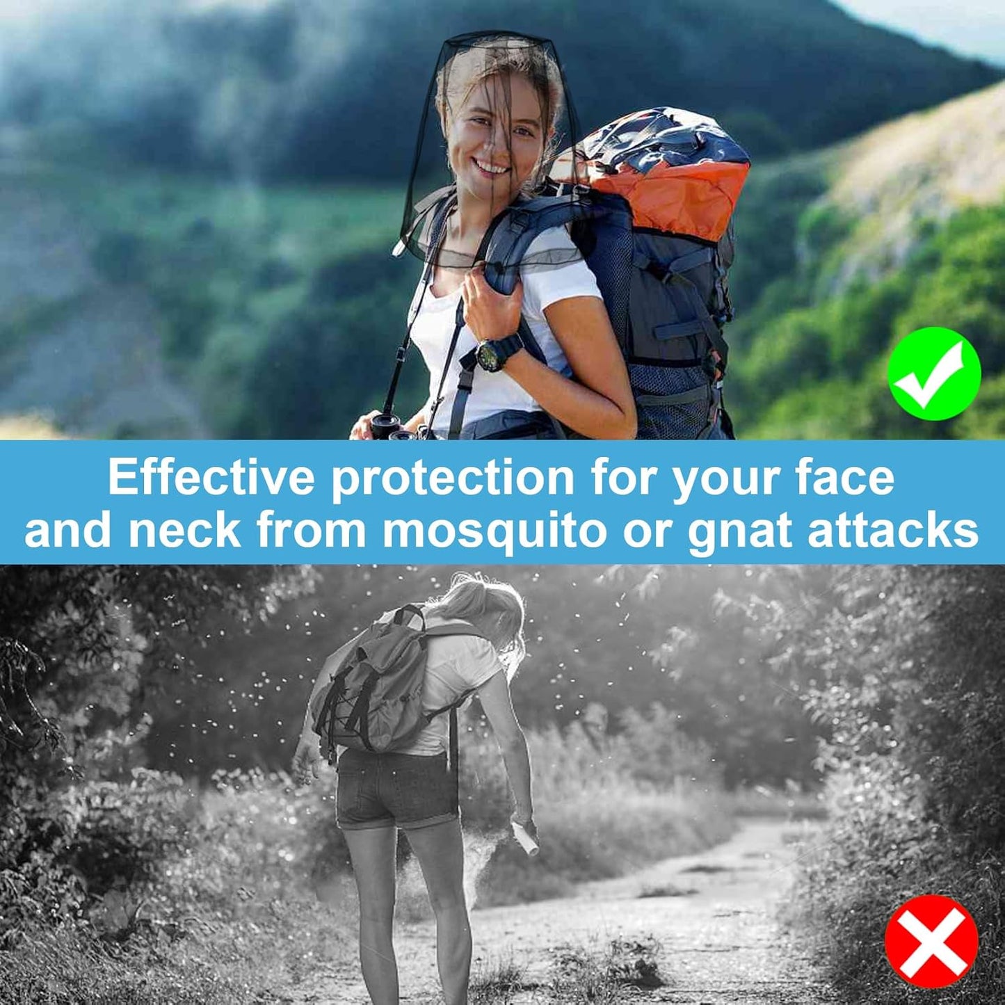 2 Pack Mosquito Head Net Mesh for Insect, Face Neck Fly Netting Hood from Bugs Gnats Noseeums Screen Net for Hiking, Outdoors, Fishing, Gardening, Black