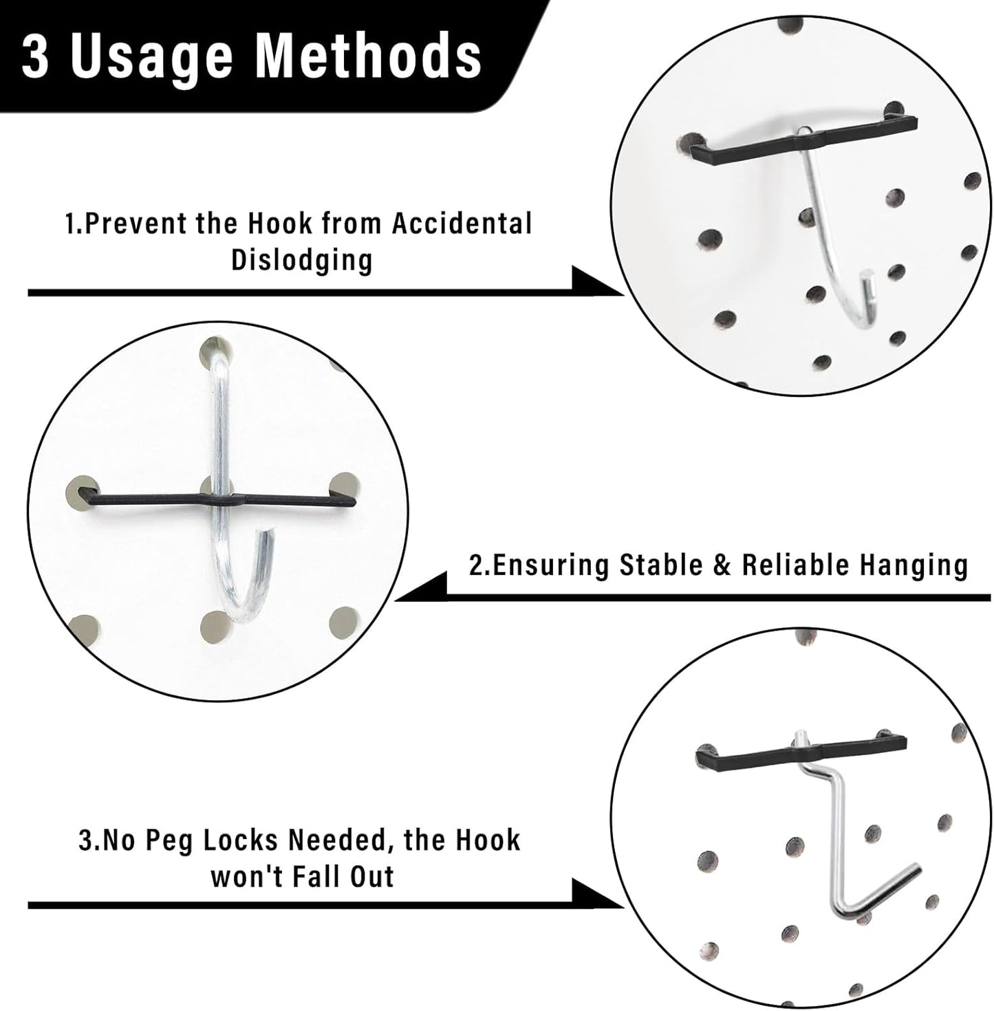 Black Peg Locks Plastic Pegboard Hook Locks Pegboard Display Hook Organizer Fixer Peg Board Hook Clip Retainers Pegboard Hook Organizer for Standard 1/4" and 1/8" Pegboard（60Pcs）