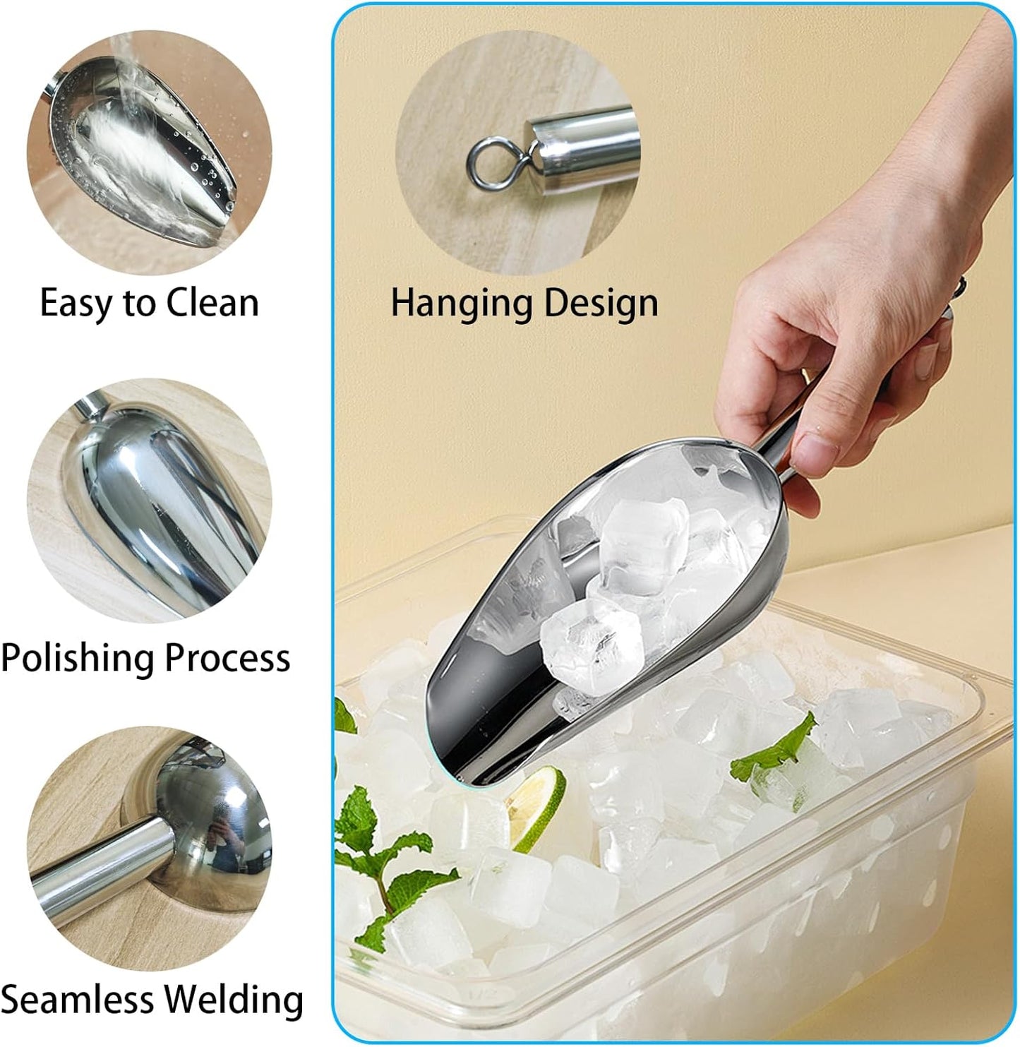 6oz Metal Ice Scoop, Kitchen Ice Scooper for Ice Maker s and Freezer, Stainless Steel Small Ice Scooper for Bar Party Wedding Pet Dog Food, Silver
