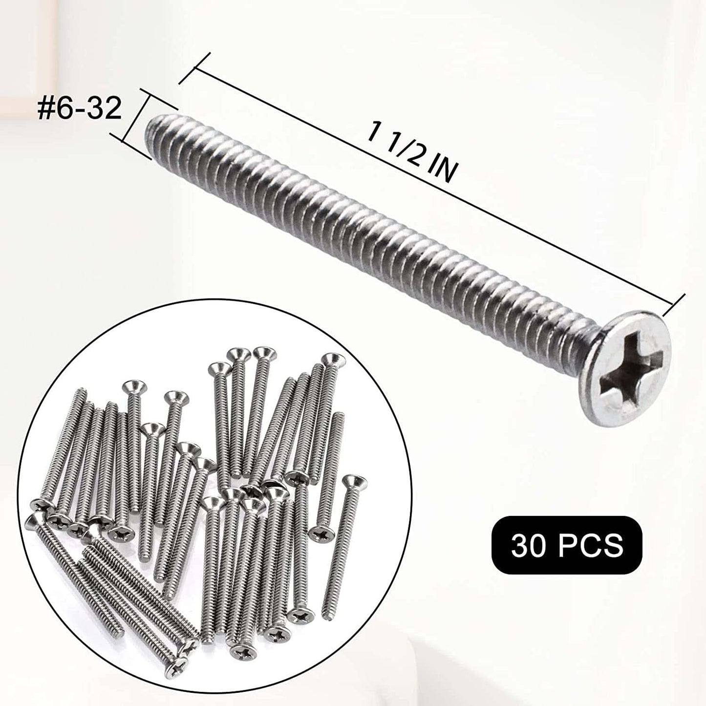 Extra Long Outlet Screws 6-32 x 1-1/2 Inches Electrical Outlet Screws 304 Stainless Machine Screws - 30 Pack