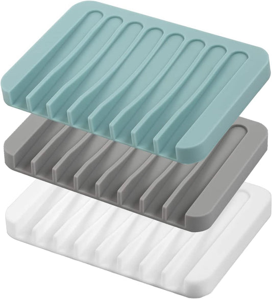 Self Draining Soap Dishes, 3 Pcs Silice Soap Saver, Waterfall Drainer Soap Holder for Bathroom, Extend Soap Life, Keep Soap Bars Dry Clean & Easy Cleaning (White, Gray, Teal)