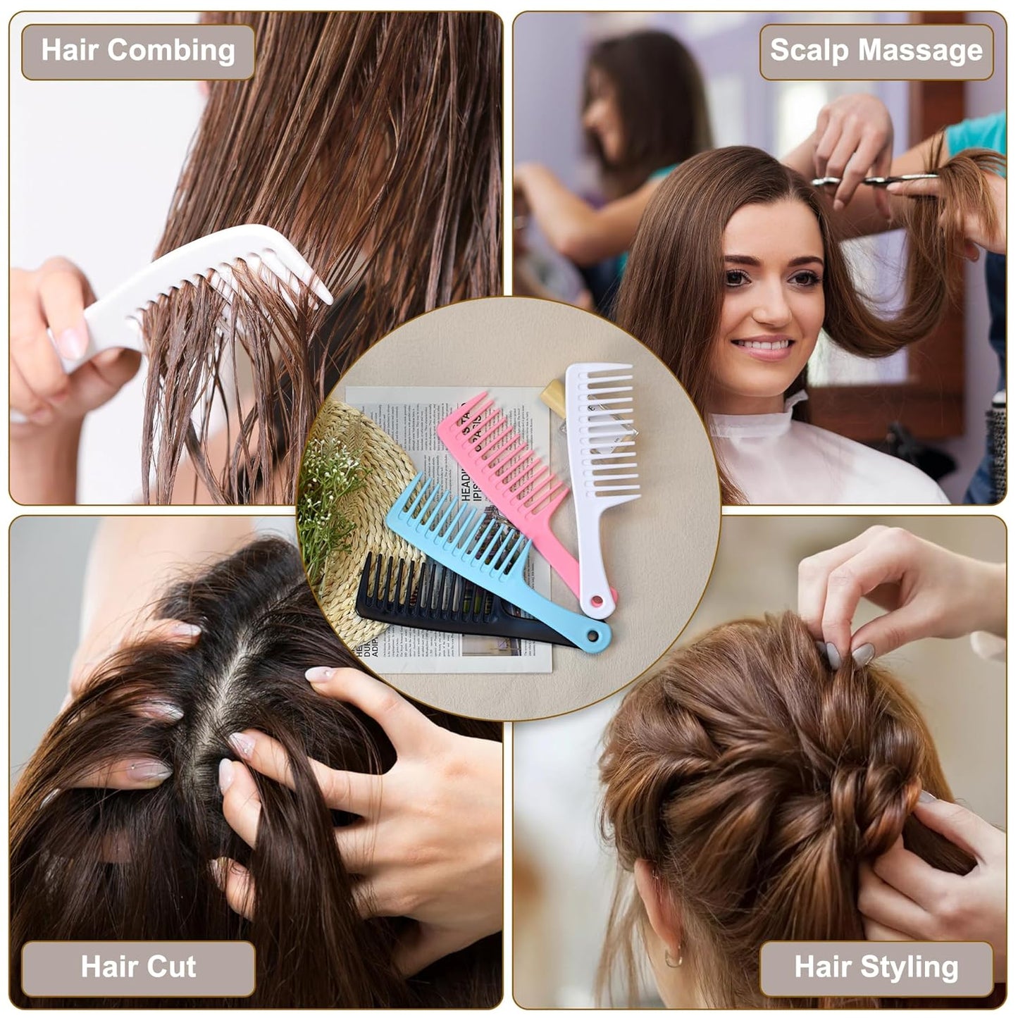 MODENGKGJIAN 4PCS Wide Tooth Detangling Comb, Large Hair Styling Comb for Curly, Wet, Lg Hair (Multi-colored, Polypropylene, Handgrip)