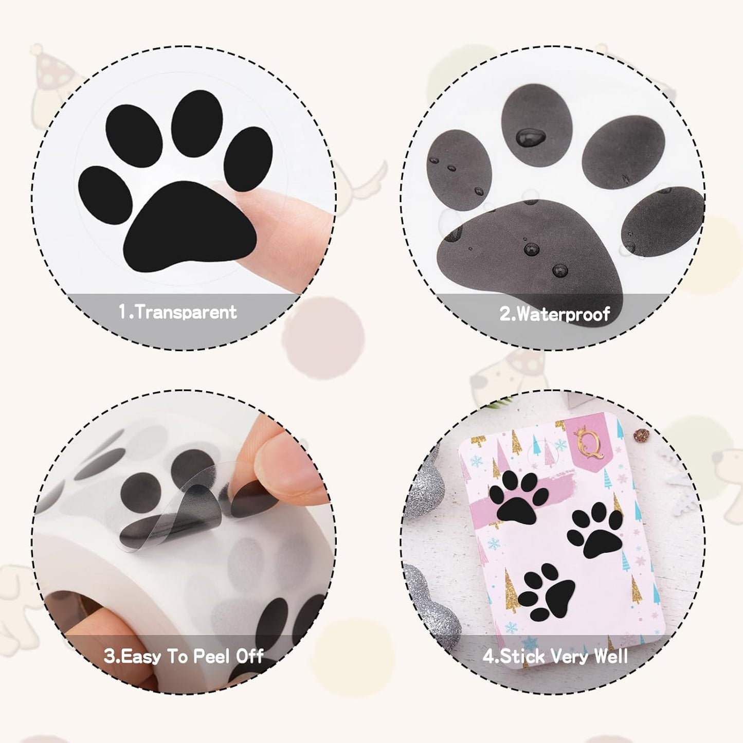 Paw Stickers - Paw Prints Stickers 500Pcs 1.5Inch Puppy Dog Bear Paw Prints Sticker Self Adhesive Clear & Black Paw Patrol Sticker Roll for Birthday Party Envelope Seal Card Gift Packaging