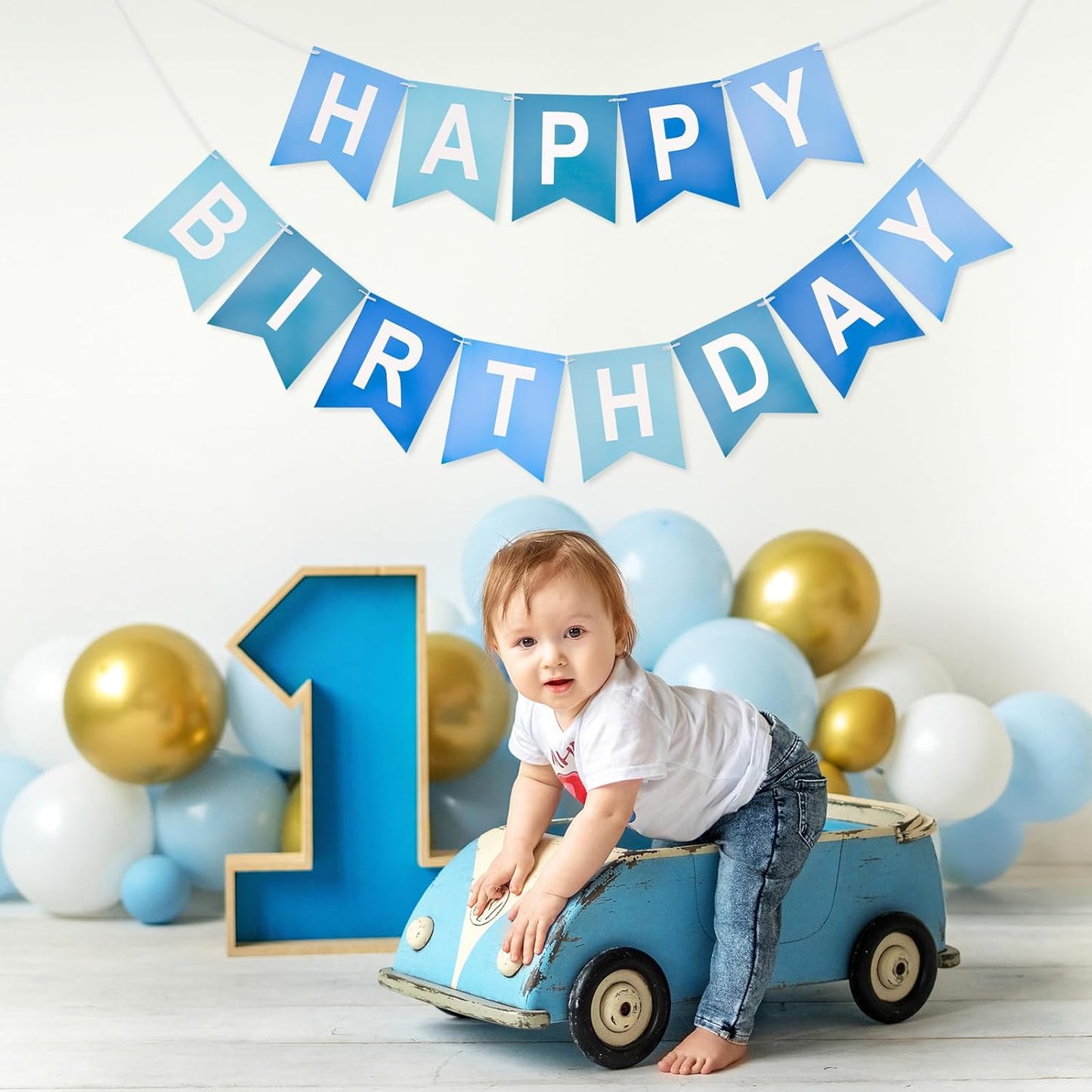 Happy Birthday Banner Large - NO DIY Blue Happy Birthdays Banner Sign Happy Birthday Party Paper Hang Decoration Happy Birthdays Banners Bunting for Men Boy Sea Theme Celebration Party Backdrop