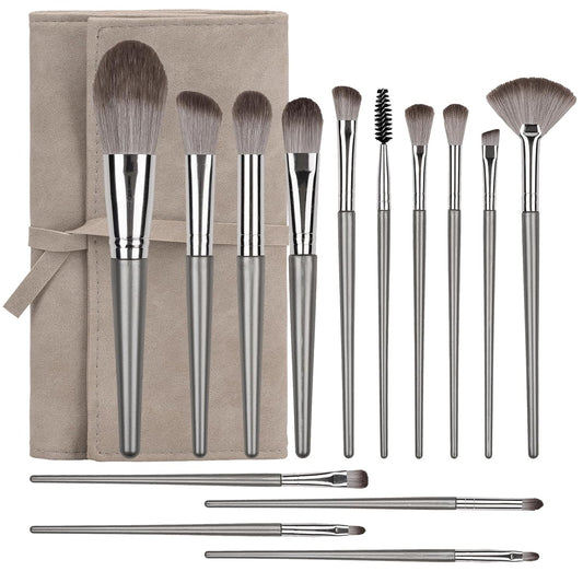 Makeup Brushes, 14 Pcs Professional Makeup Brush Set, Eye and Face Foundation Brush Set, Eyeshadow Brushes, Cosmetic Brushes, with PU Bag, Grayish