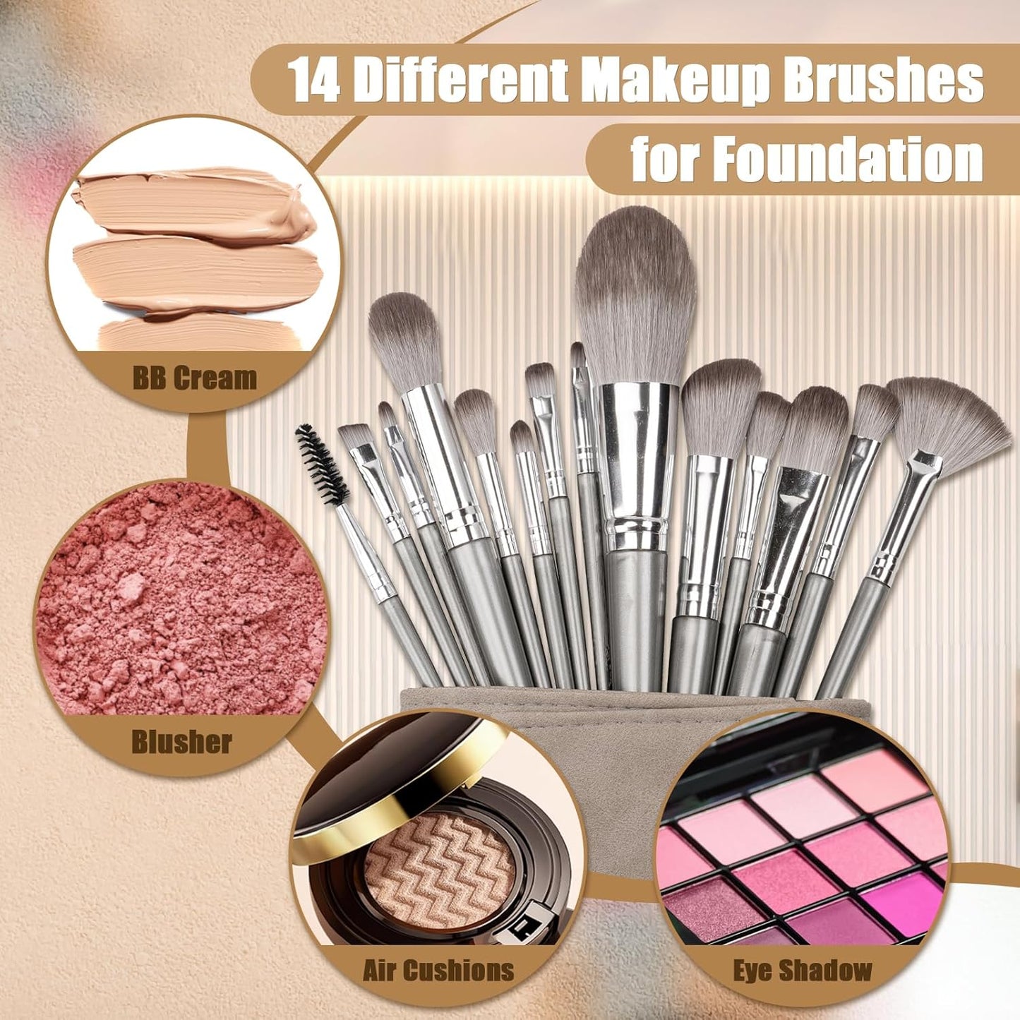 Makeup Brushes, 14 Pcs Professional Makeup Brush Set, Eye and Face Foundation Brush Set, Eyeshadow Brushes, Cosmetic Brushes, with PU Bag, Grayish