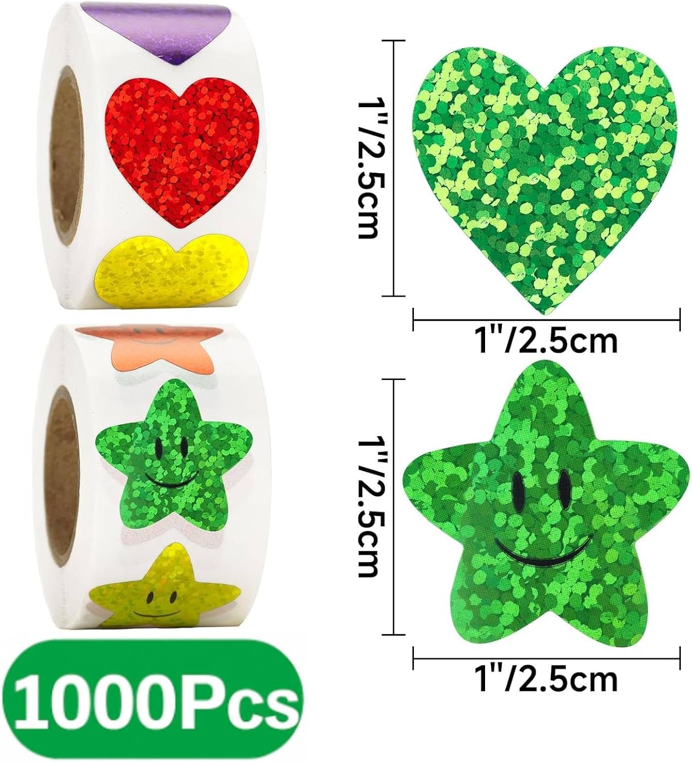 Heart Stickers Star Stickers - 1000Pcs 1Inch Glitter Heart Sticker and Smiley Face Star Sticker for Kids Reward Teacher Classroom Crats DIY Envelope Seal Card Gift Wrapping