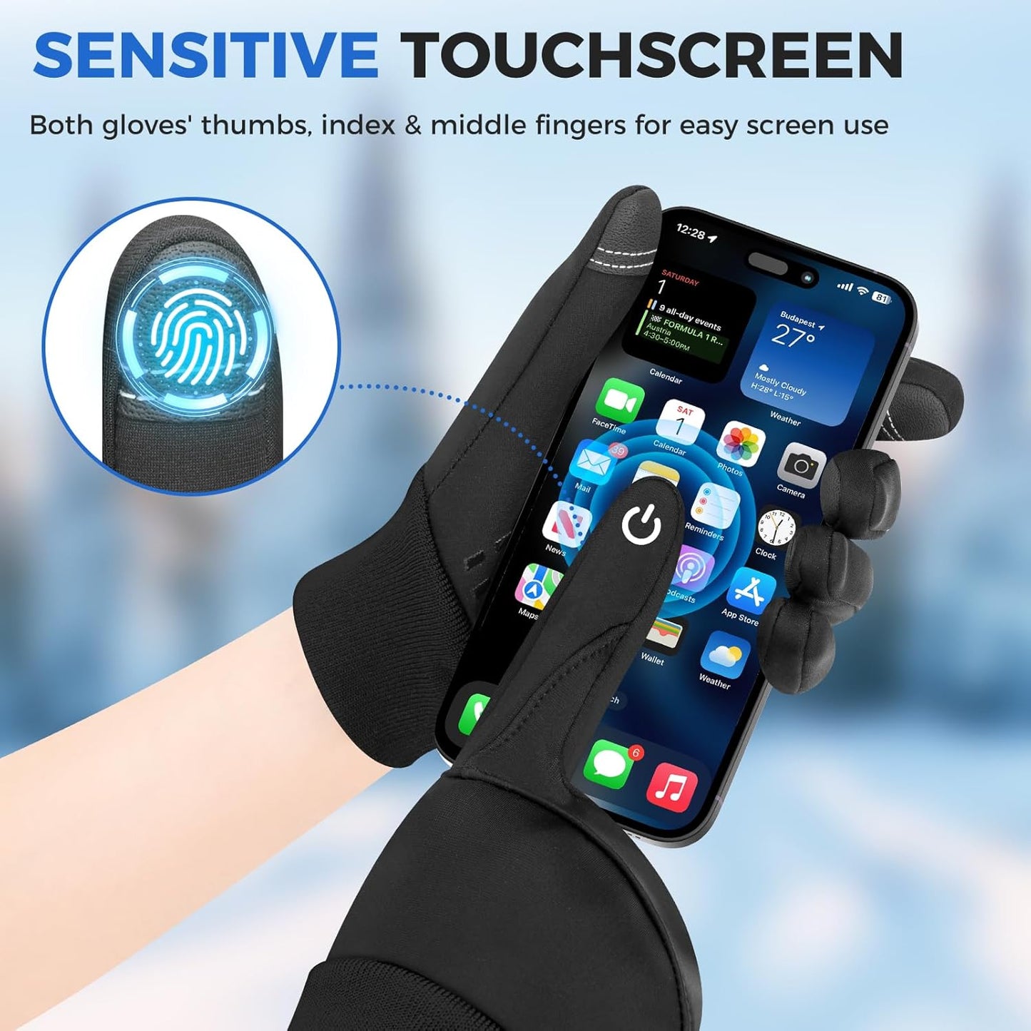 Kids Winter Gloves Windproof Water-Resistant Thermal Touchscreen Anti-slip Cold Weather for Girl Boy, Black