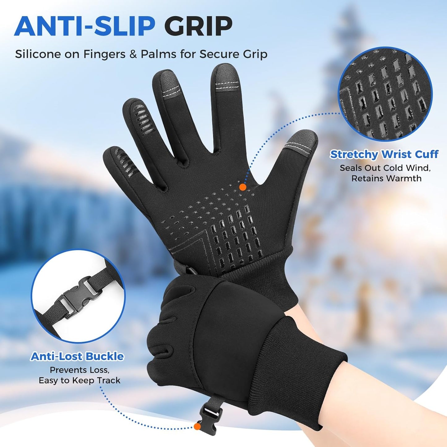 Kids Winter Gloves Windproof Water-Resistant Thermal Touchscreen Anti-slip Cold Weather for Girl Boy, Black