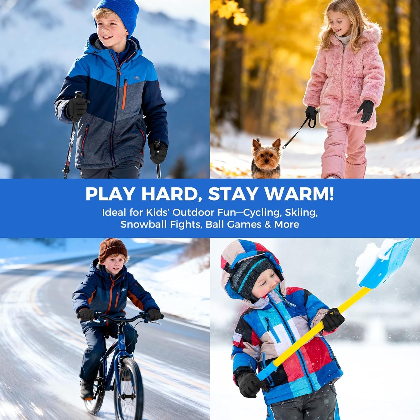 Kids Winter Gloves Windproof Water-Resistant Thermal Touchscreen Anti-slip Cold Weather for Girl Boy, Black