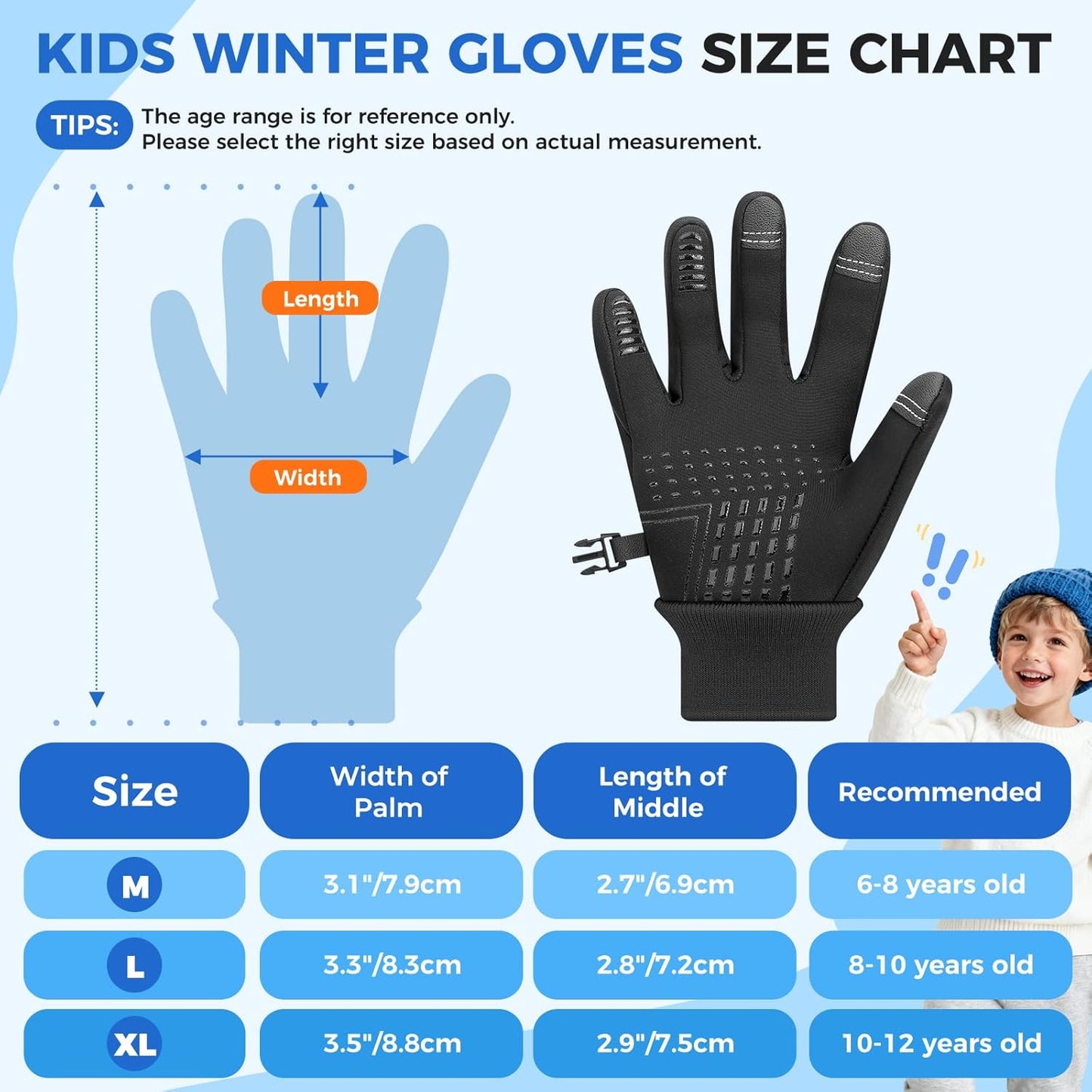 Kids Winter Gloves Windproof Water-Resistant Thermal Touchscreen Anti-slip Cold Weather for Girl Boy, Black