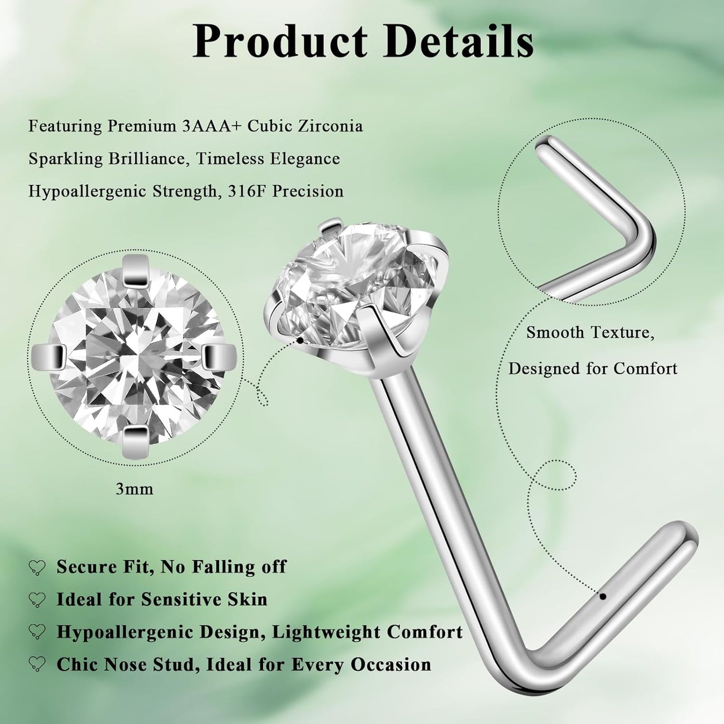 Nose Rings, Titanium Steel Nose Piercings Stud Jewelry for Women Men Cubic Zircia Imitati Diamd